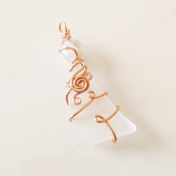 Wire Wrapped Tumbled Glass & Fire Agate Pendant! Unique One-of-a-kind - Picture 7 of 8